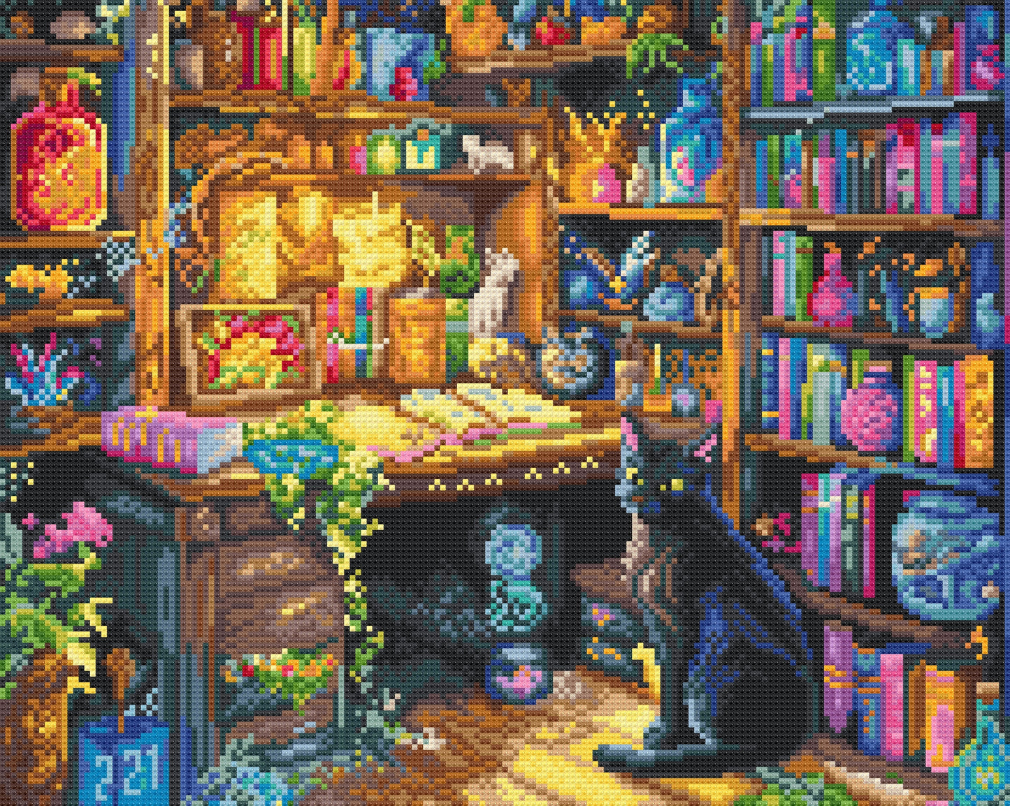 Diamond dotz kit of a cat in a cozy, colorful bookstore with shelves filled with books and items.
