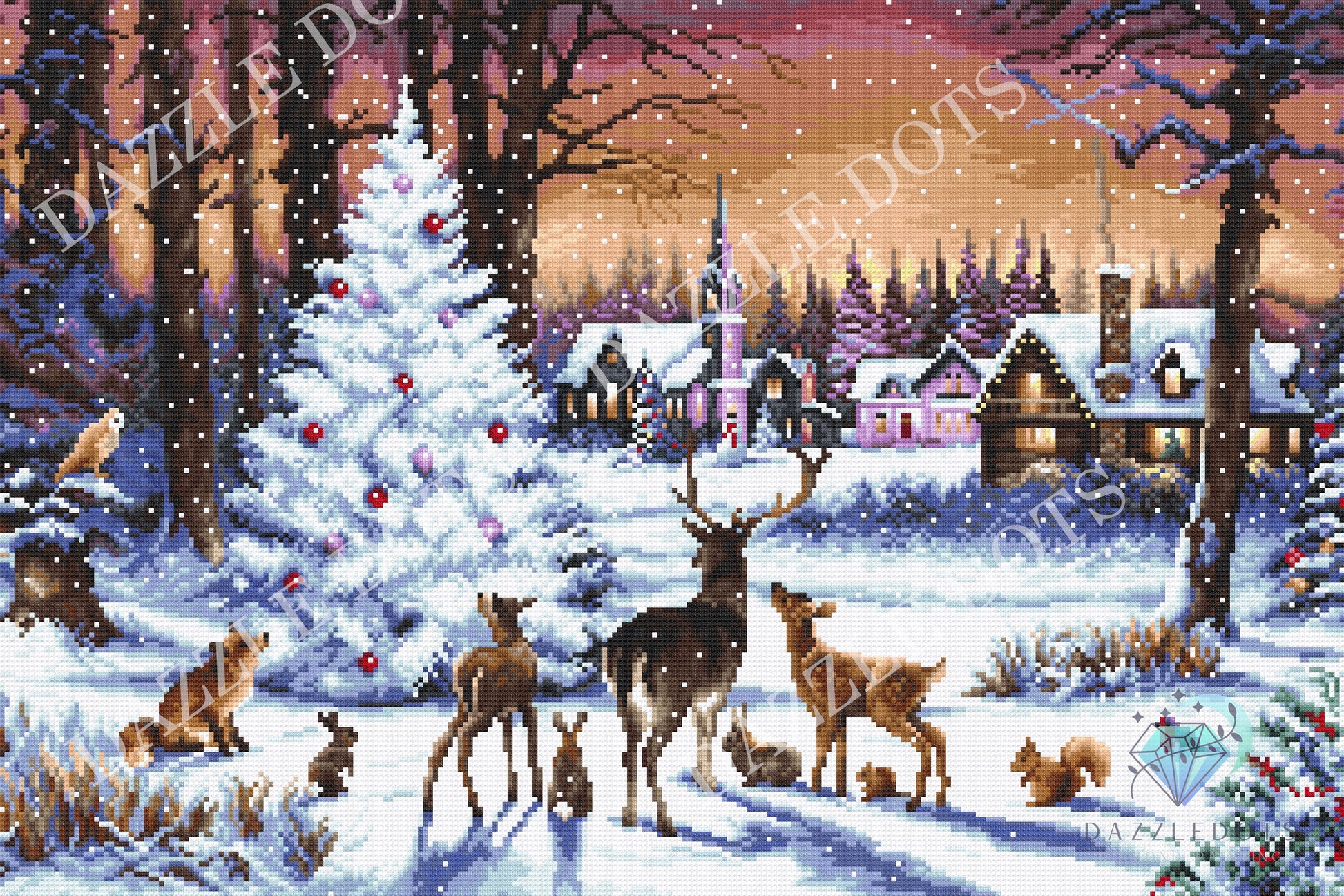 diamond art Winter scene with deer, trees, and a village in the snow.