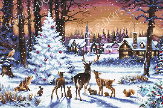 diamond art Winter scene with deer, trees, and a village in the snow.