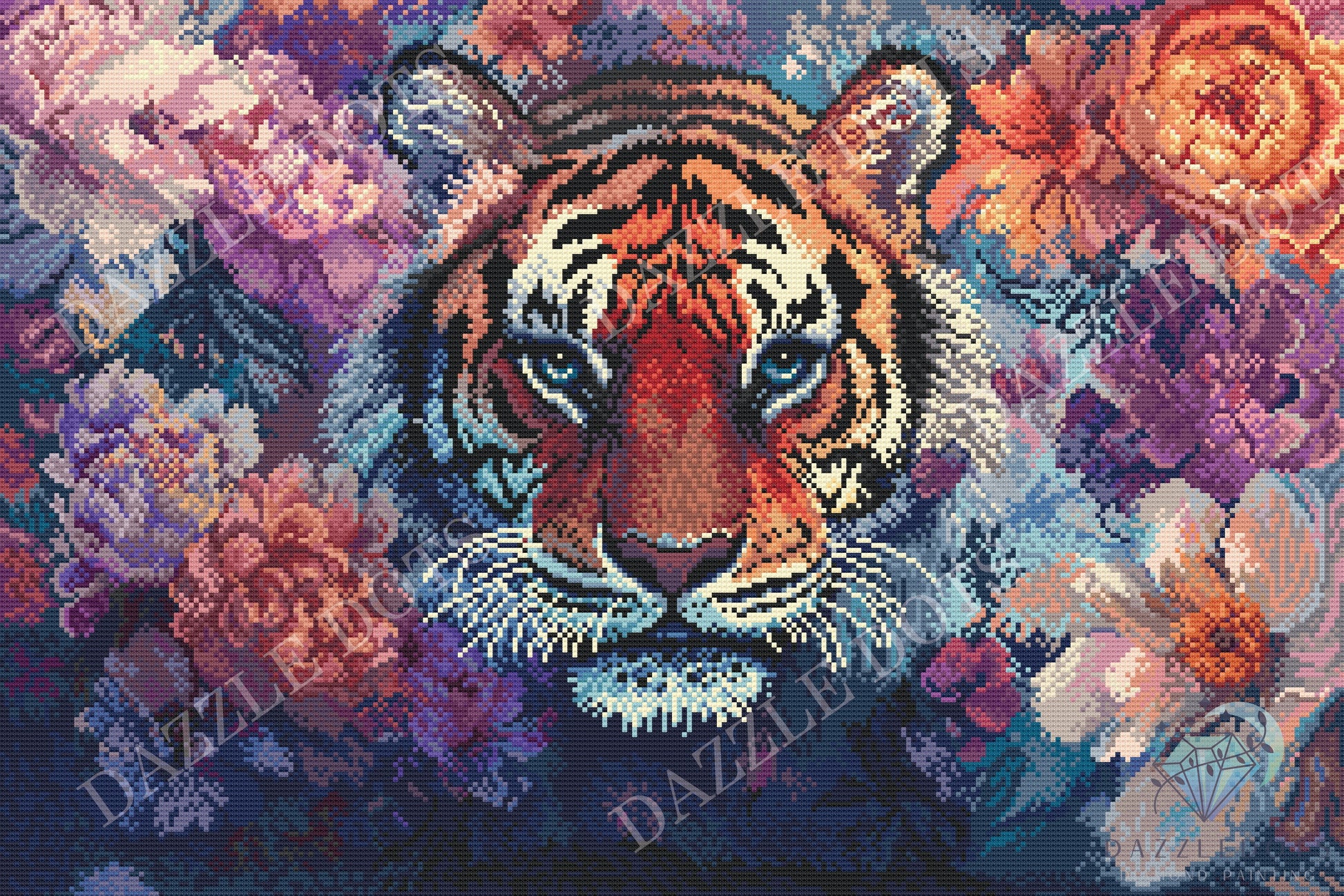 Diamond Art kit featuring a Colorful tiger portrait surrounded by flowers with 'Dazzle Dots' branding.