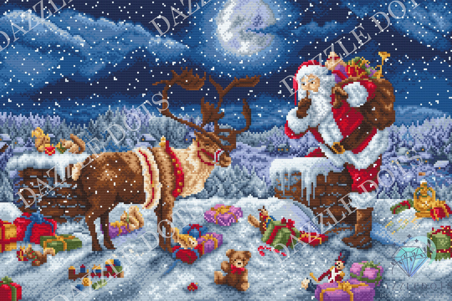 Christmas scene with Santa Claus, reindeer, and presents in a snowy landscape. Diamond Painting kit