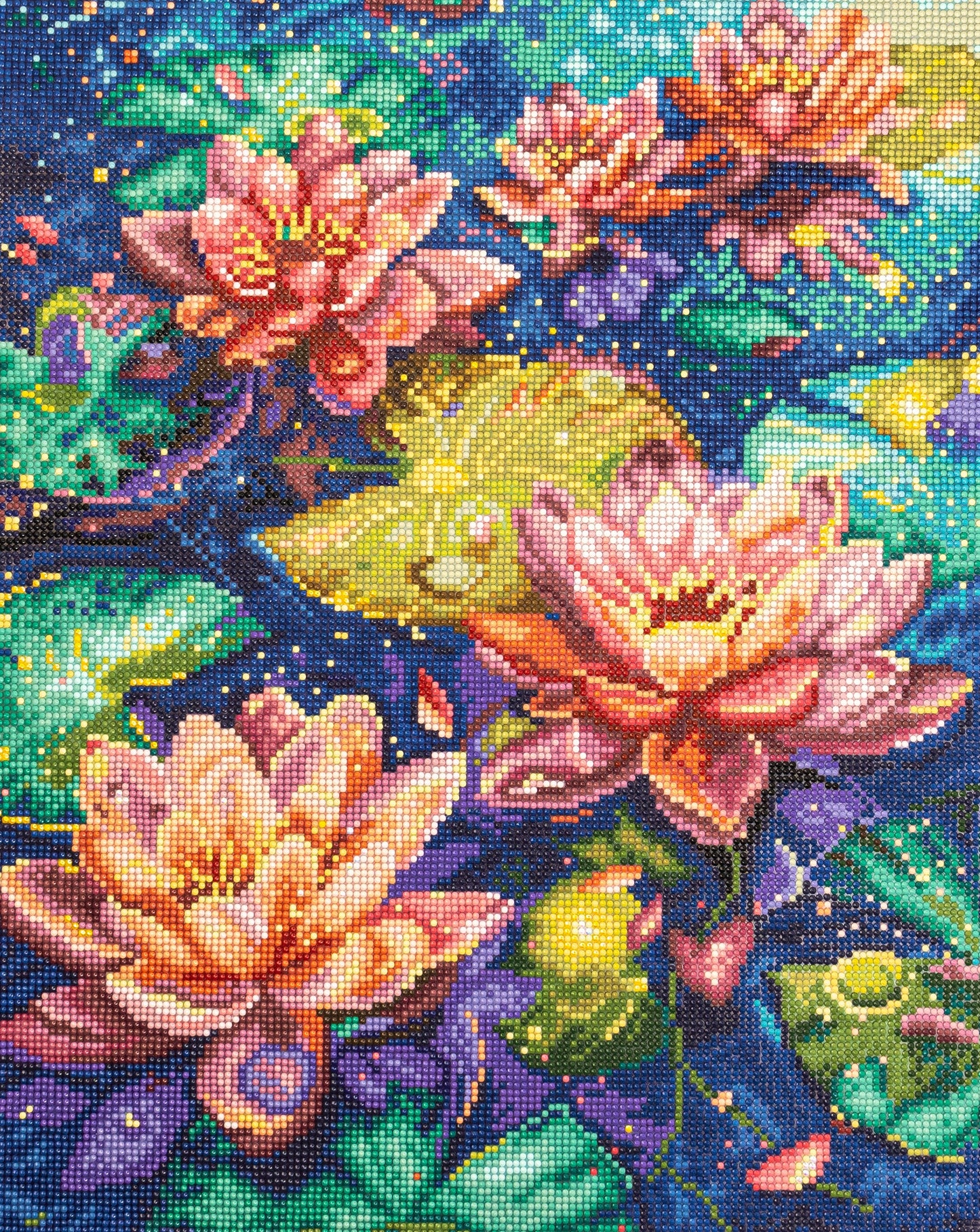 Colorful diamond painting of lotus flowers with a starry night sky background