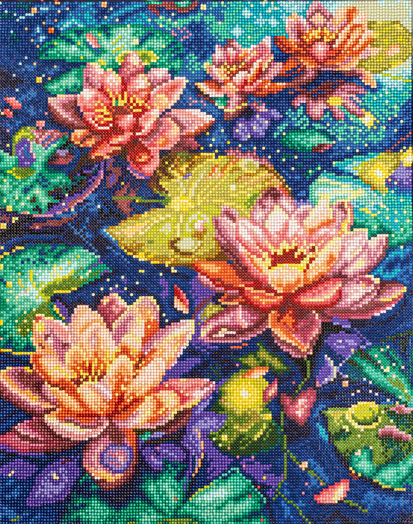 diamond art artwork of colorful water lilies with a gradient background