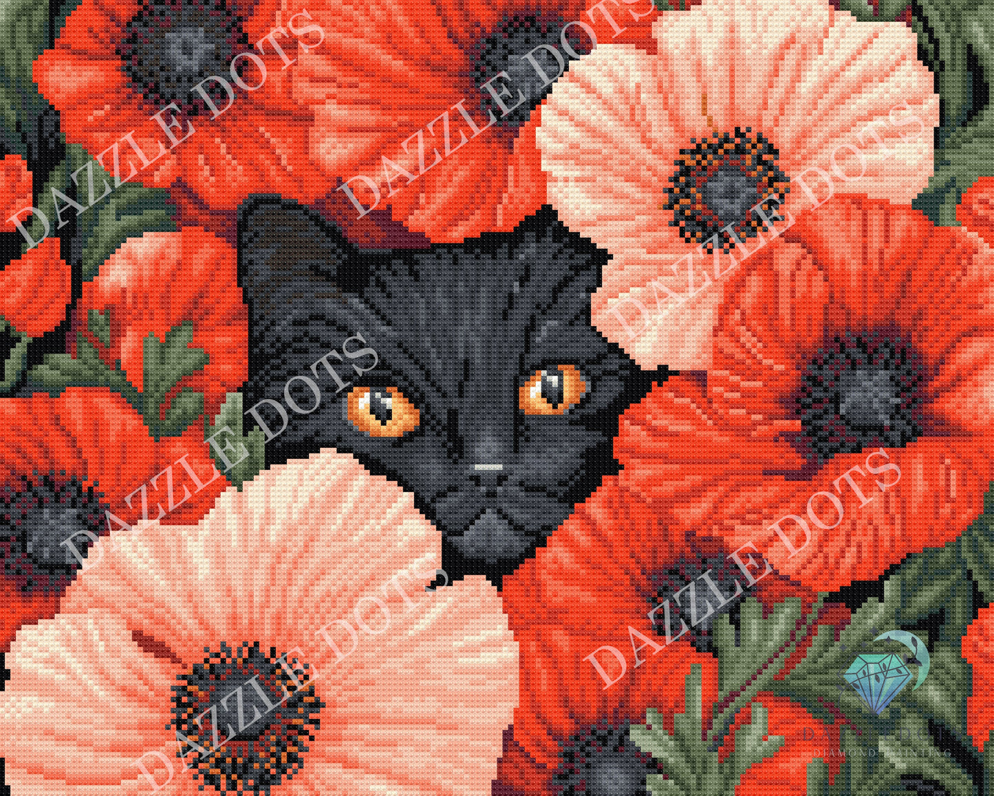 Diamond Painting kit design of a black cat surrounded by red and pink flowers with 'Dazzle Dots' branding.