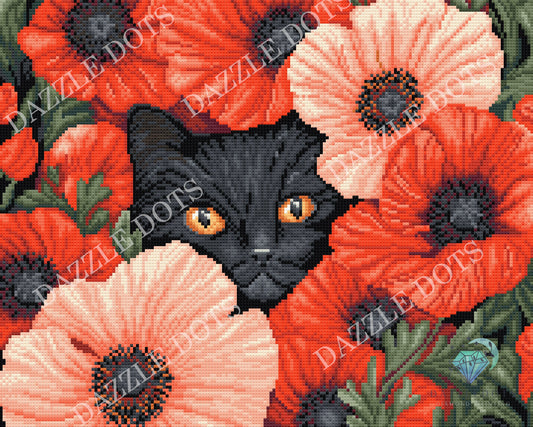 Diamond Painting kit design of a black cat surrounded by red and pink flowers with 'Dazzle Dots' branding.